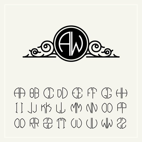 Монограмма, барочная этикетка с двумя буквами, вписанными в круг. Набор алфавита, чтобы поместиться в круг. Может быть использована для логотипов, свадебных дизайнов
.