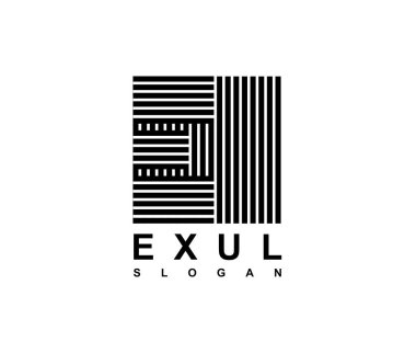 Büyük harf E bir meydanda yazılı olduğu... Monogram, logo, amblem, harfler modern şablonu. Siyah çizgiler gölgeler ile üst üste yapılan.