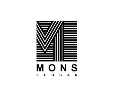 Büyük harf M bir meydanda yazılı olduğu... Monogram, logo, amblem, harfler modern şablonu. Siyah çizgiler gölgeler ile üst üste yapılan.