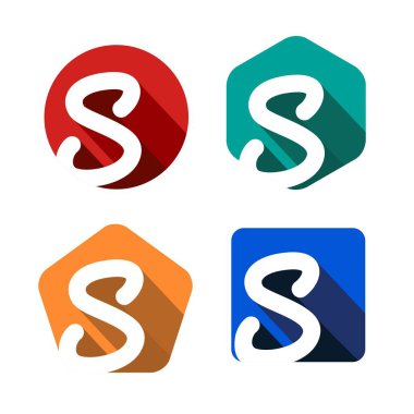 Yaratıcı el yazısı beyaz harf S bir daire, kare, altıgen düşen gölgeler pentagon, yazılı. Senin monogram, logo, amblem için. Düz tasarım. Dört renk paletleri