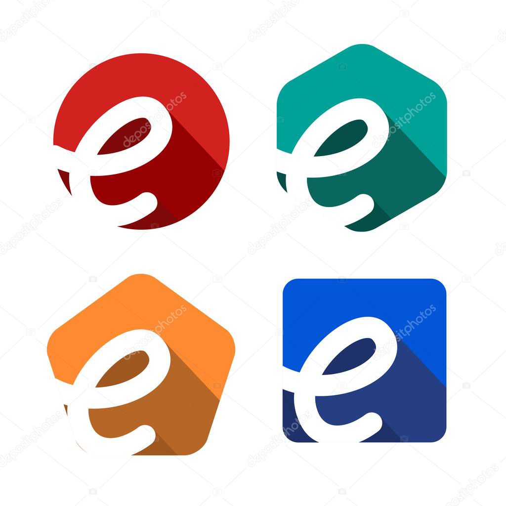 Creative handwritten white letter E inscribed in a circle, square, pentagon, hexagon with falling shadows. For your monogram, logo, emblem. Flat design. Four color palettes