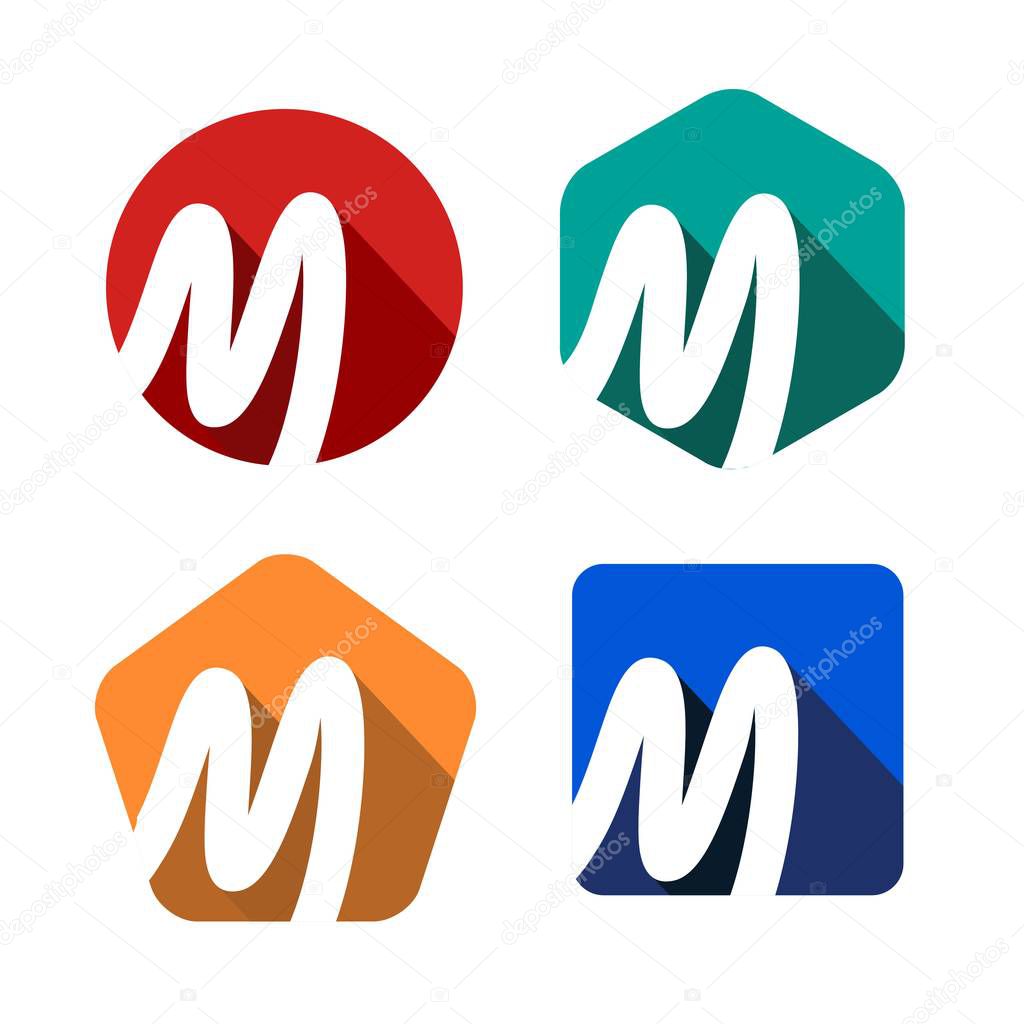 Creative handwritten white letter M inscribed in a circle, square, pentagon, hexagon with falling shadows. For your monogram, logo, emblem. Flat design. Four color palettes.