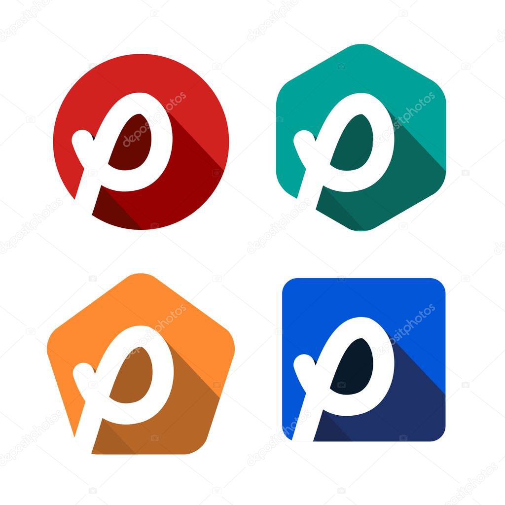Creative handwritten white letter P inscribed in a circle, square, pentagon, hexagon with falling shadows. For your monogram, logo, emblem. Flat design. Four color palettes