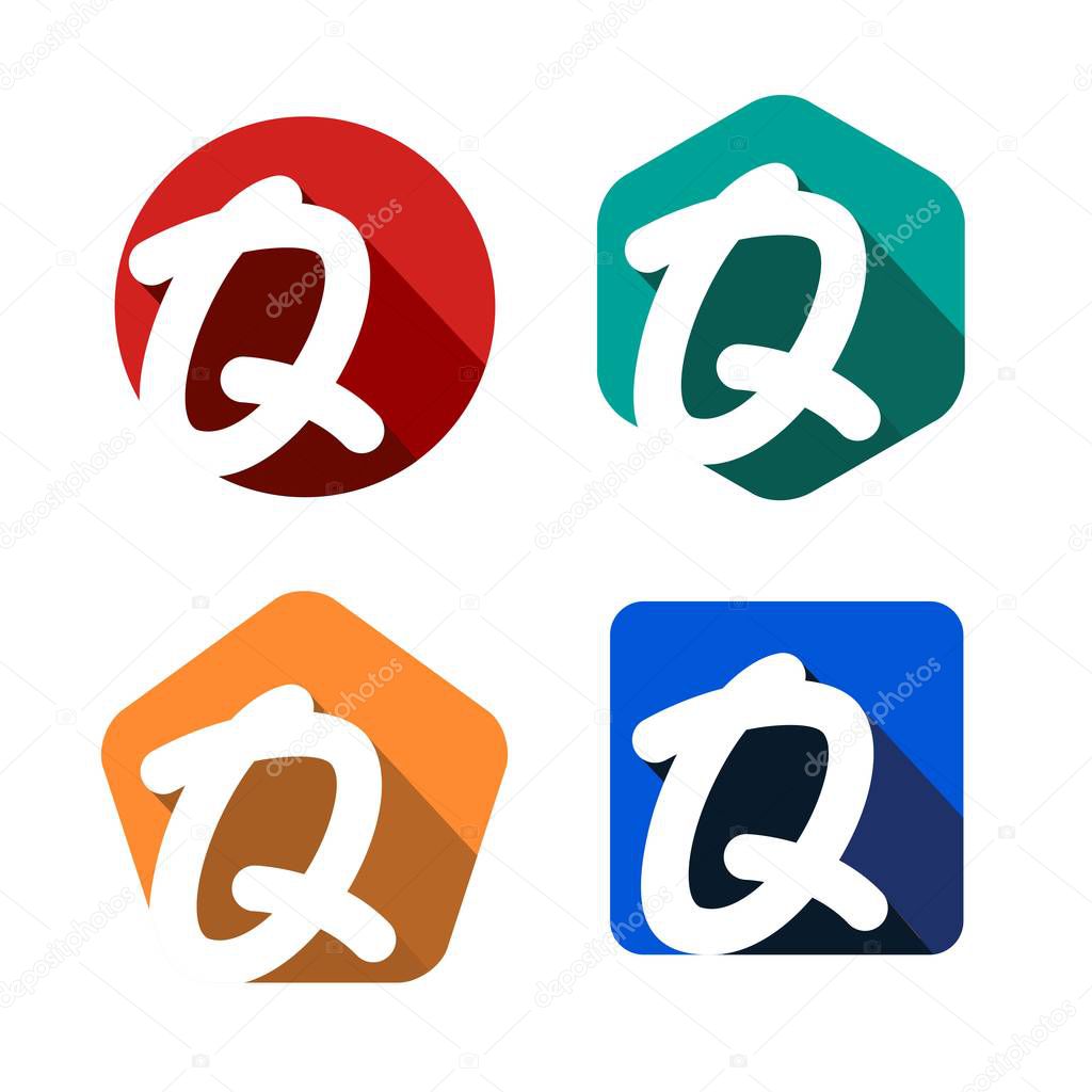 Creative handwritten white letter Q inscribed in a circle, square, pentagon, hexagon with falling shadows. For your monogram, logo, emblem. Flat design. Four color palettes