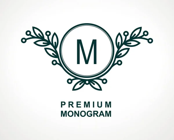 Premium monogram mall för din emblem, logotyper, sparrar, etiketter. Blommig prydnad. Fancy krans. Leaf vektor ram. — Stock vektor