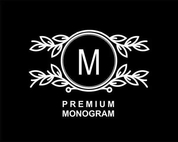 Plantilla de monograma premium para sus emblemas, logotipos, chevrons, etiquetas. Adorno floral. Una guirnalda elegante. Marco de vector de hoja . — Vector de stock