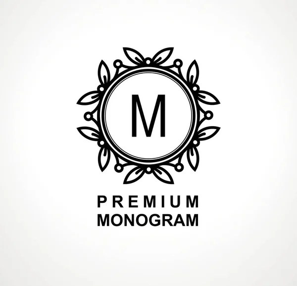 Шаблон премиум монограммы для Ваших эмблем, логотипов, шевронов, этикеток. Цветочные украшения. Забавный венок. Векторная рамка . — стоковый вектор