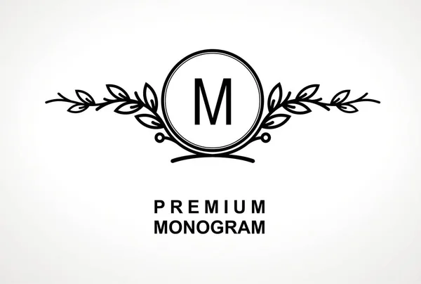 Templat monogram premium untuk emblem, logo, chevron, label. Ornamen bunga. Karangan bunga mewah. Frame vektor daun . - Stok Vektor