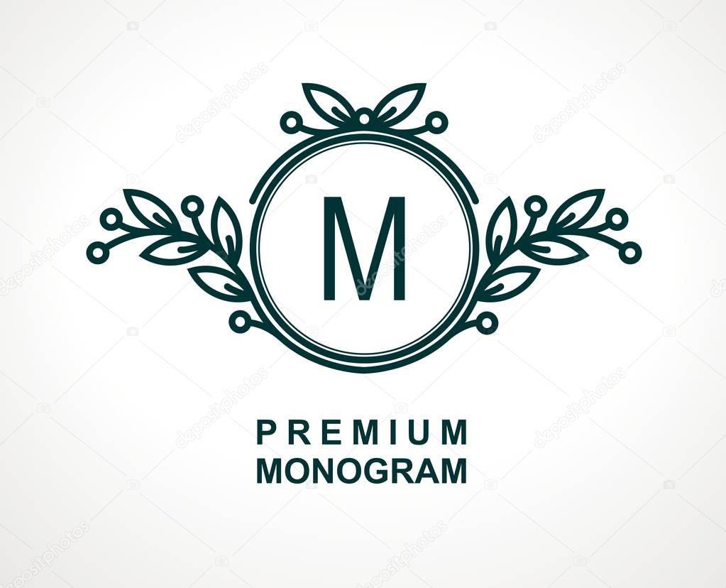 Premium monogram template for your emblems, logos, chevrons, labels. Floral ornament. Fancy wreath. Leaf vector frame