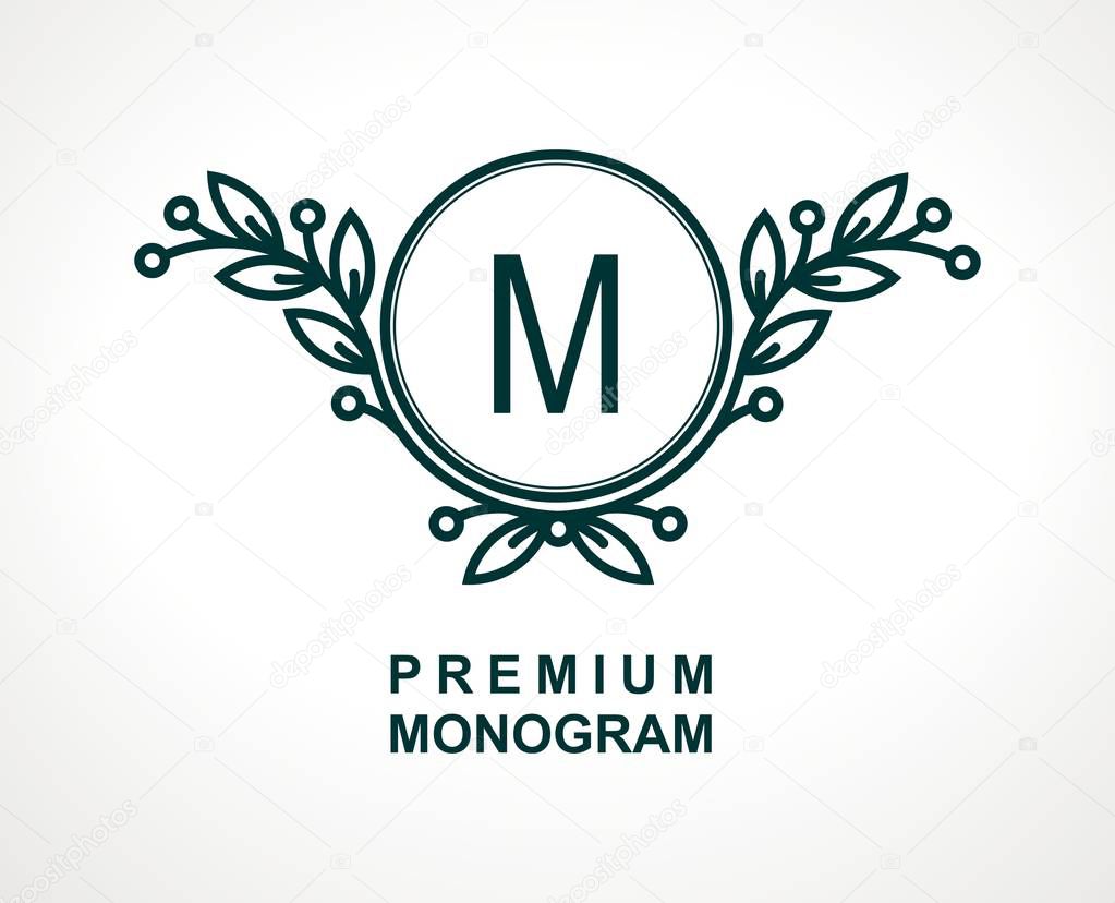 Premium monogram template for your emblems, logos, chevrons, labels. Floral ornament. Fancy wreath. Leaf vector frame