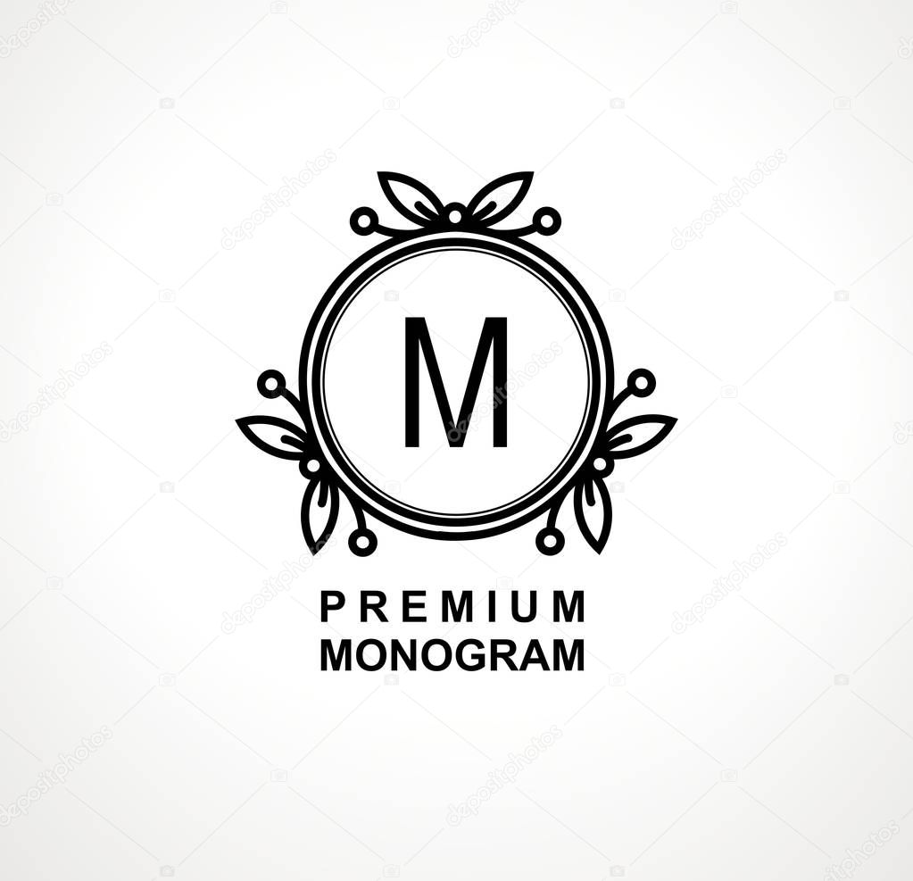 Premium monogram template for your emblems, logos, chevrons, labels. Floral ornament. Fancy wreath. Leaf vector frame.