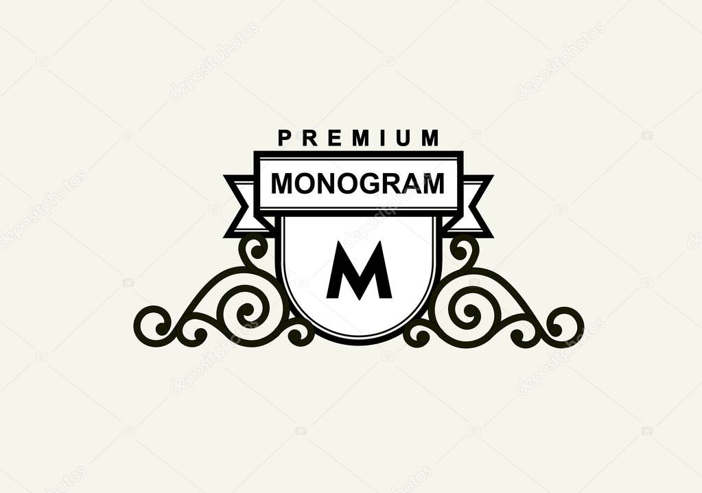 Premium monogram template for your emblems, logos, chevrons, labels. Floral ornament. Fancy wreath. Leaf vector frame