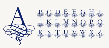 Vintage Vector Set. Bukleli kaligrafik büyük harfler, monogramlar ve logolar için şekillendirilmiş Arapça örgü. Güzel Filigran Yazı Tipi. Barok tarzı.