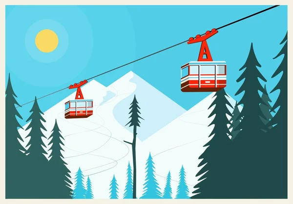 Vintage Winter background, poster. Red ski Lift Gondolas moving in Snow Mountains — Stock Vector