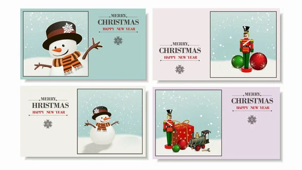 Hermoso set. Navidad y un feliz año nuevo tarjetas de felicitación con un muñeco de nieve y un soldado de madera, cascanueces, tren de hierro, caja de regalo y bolas de Navidad — Archivo Imágenes Vectoriales