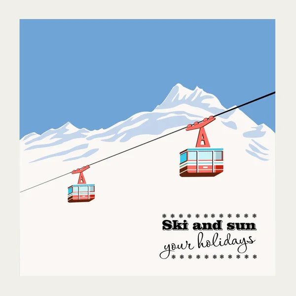 Vintage Winter achtergrond, poster. Rode skilift Gondels bewegen in Snow Mountains — Stockvector