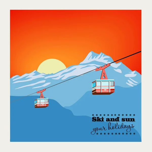 Vintage Winter achtergrond, poster. Rode skilift Gondels bewegen in Snow Mountains — Stockvector