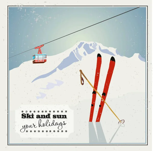 Vintage Winter background, poster. Red ski Lift Gondolas moving in Snow Mountains — Stock Vector