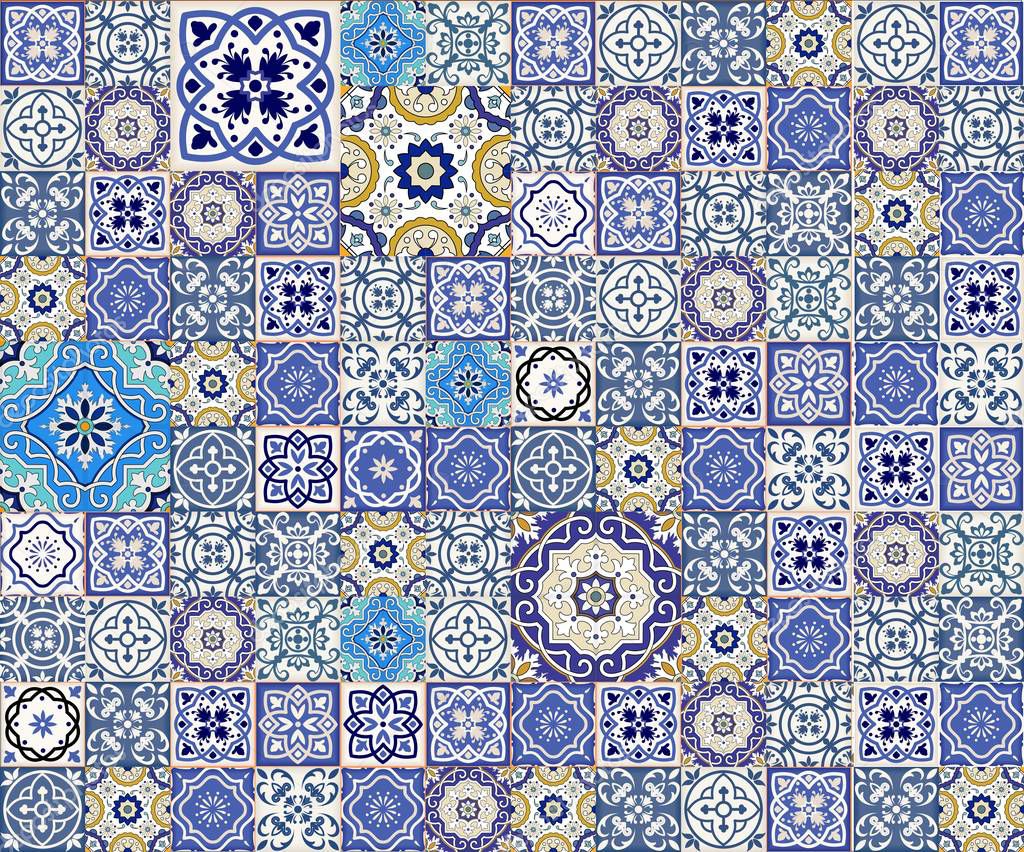Gorgeous seamless pattern white colorful Moroccan, Portuguese tiles, Azulejo, ornaments. Can be used for wallpaper, pattern fills, web page background, surface textures.