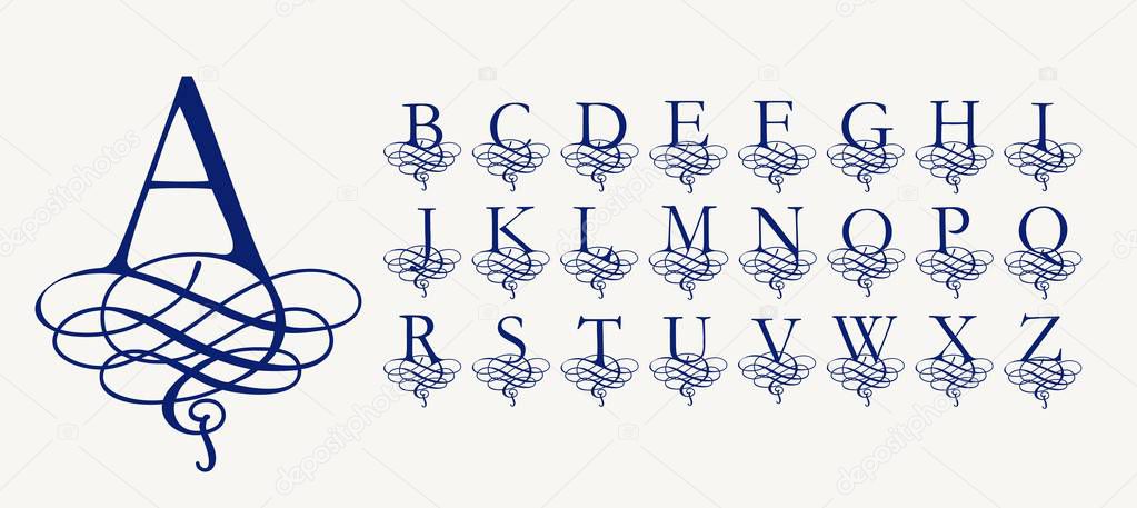 Vintage Vector Set . Calligraphic capital letters with curls, Stylized Arabic knit for Monograms and Logos. Beautiful Filigree Font. Baroque style.