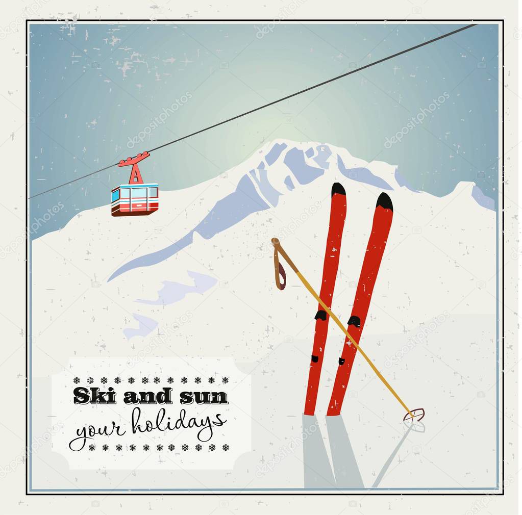 Vintage Winter background, poster. Red ski Lift Gondolas moving in Snow Mountains