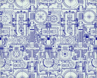 Kusursuz teknik şablon, solucan dişlilerinin ve diğer dişlilerin arka planı fantastik bir makinede birleştirildi. Vintage Grafik Kağıdı
