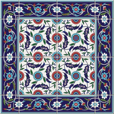 Fayanslardan ve sınırdan mükemmel, pürüzsüz bir desen. Fas, Portekiz, Türkçe, Azulejo süsleri. Duvar kağıdı, şablon dolguları, web sayfası arkaplanı, yüzey dokuları için kullanılabilir.