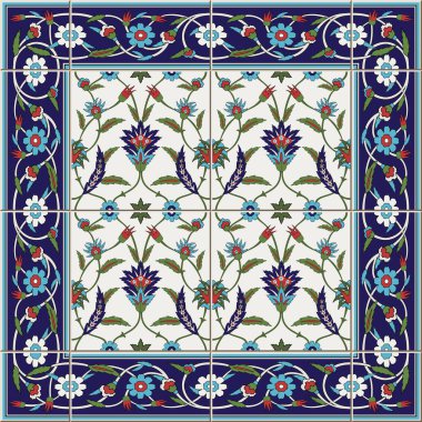 Fayanslardan ve sınırdan mükemmel, pürüzsüz bir desen. Fas, Portekiz, Türkçe, Azulejo süsleri. Duvar kağıdı, şablon dolguları, web sayfası arkaplanı, yüzey dokuları için kullanılabilir.