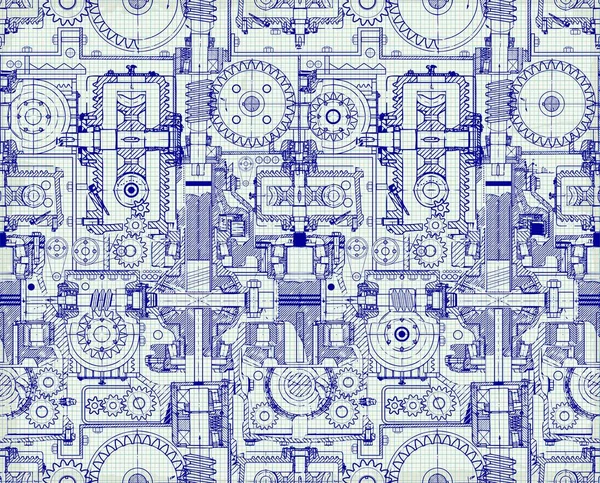 Seamless technical pattern, a background of worm gears and other gears combined into a fantastic machinery. Vintage Graph Paper — Stock Vector