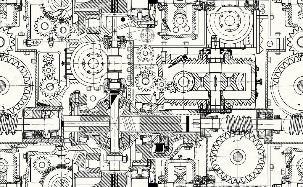 Seamless technical pattern, a background of worm gears and other gears combined into a fantastic machinery. Perfect for web pages, documents, wallpaper in the interior.