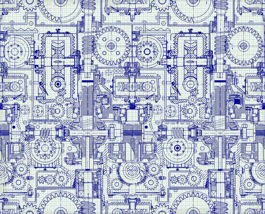 Seamless technical pattern, a background of worm gears and other gears combined into a fantastic machinery. Vintage Graph Paper
