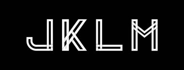 Büyük harfler J, K, L, M. Siyah arkaplanda gölgeler olan birbirine geçmiş beyaz çizgilerden yaratılmış. Logo, amblem, baş harfler, kurumsal kimlik oluşturma şablonu. Vektör