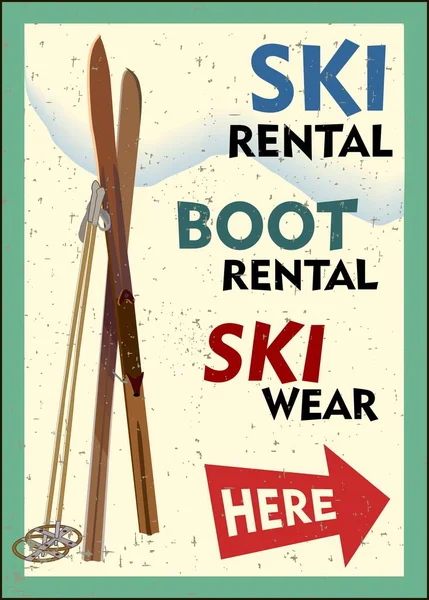 Ski design cartaz retro aluguel com par de esquis e forma de montanha de inverno. Conceito férias de inverno. —  Vetores de Stock