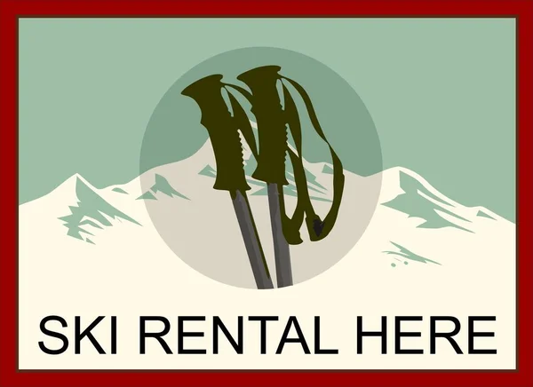 Ski design de cartaz retro aluguel com par de pólo de esquis e forma de montanha de inverno. Conceito férias de inverno. — Vetor de Stock