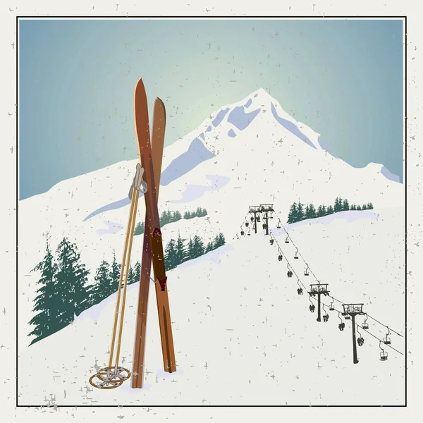 Vektor vinter tema mall med trä gammaldags skidor och stavar i snön med snöiga berg och klar himmel på bakgrunden. Retrolook minimalistisk befordringsaffisch för skidåkning mall — Stock vektor