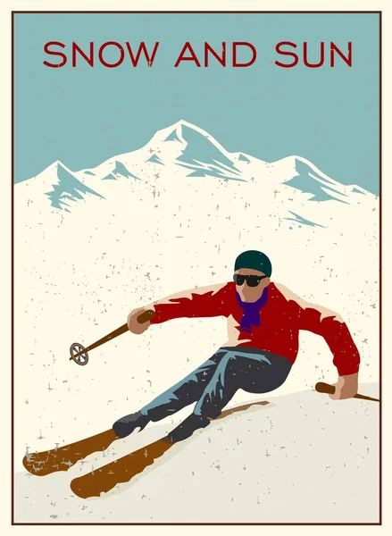Ilustração vetorial vintage. Esquiador a preparar-se para descer a montanha. Fundo de inverno. Conceito de estância de esqui. Para sites, papéis de parede, cartazes ou banners. Efeito Grunge pode ser removido. —  Vetores de Stock