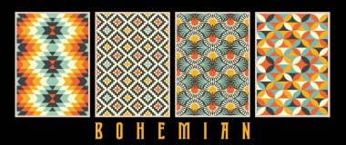 Boho tarzında renksiz, modaya uygun desenler. Tekstil, duvar kağıtları, ambalajlar, posterler ve şık iç tasarım için modern dekoratif vektör arka planı