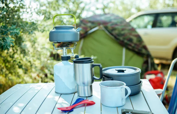 Camping Naczynia Zestaw Zewnątrz — Zdjęcie stockowe