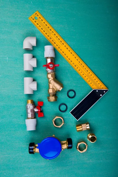 Wasserzähler Und Sanitärwerkzeuge Polypropylen Metall Kunststoff Und Pvc Rohre — Stockfoto