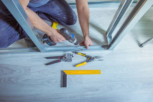 Drywall Plaster Stud Crimpers Action Person Holding Using Stud Crimping — Stock Photo, Image