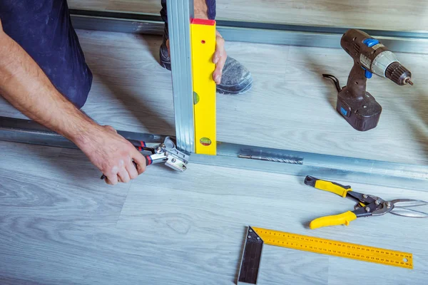 Drywall Plaster Stud Crimpers Action Person Holding Using Stud Crimping — Stock Photo, Image