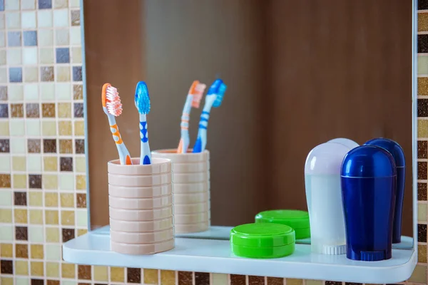 Toothbrushes Glass Deodorants Body Bathroom — Stock Fotó