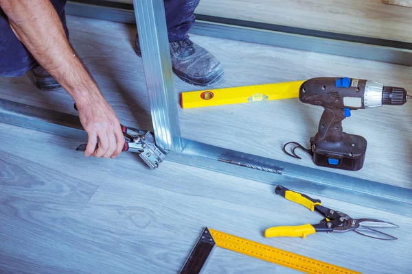 Drywall Plaster Stud Crimpers Action Person Holding Using Stud Crimping — Stock Photo, Image