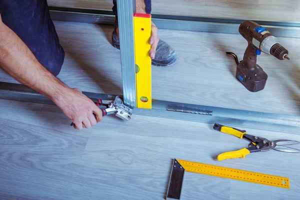 Drywall Plaster Stud Crimpers Action Person Holding Using Stud Crimping — Stock Photo, Image