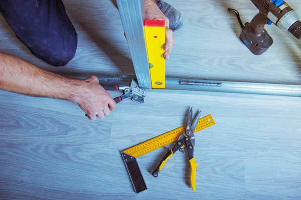 Drywall Plaster Stud Crimpers Action Person Holding Using Stud Crimping — Stock Photo, Image