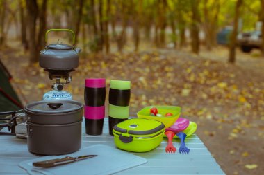 camping, amping cookware set outdoors clipart