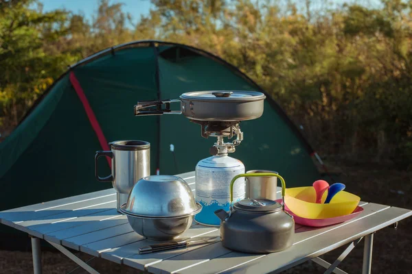 Śniadanie Turysta Camping Kemping Jedzenie Podejmowania — Zdjęcie stockowe