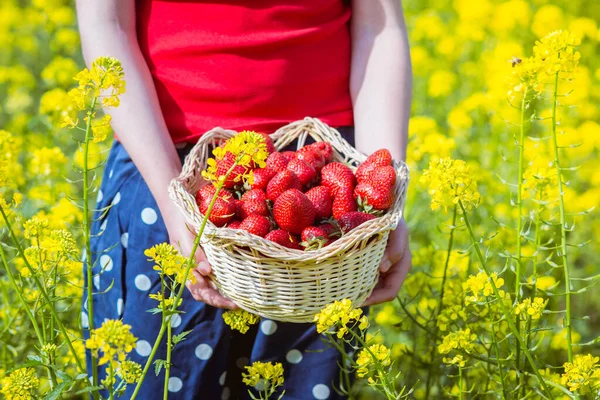 Vista Recortada Las Niñas Sosteniendo Cuenco Mimbre Con Fresas — Foto de Stock