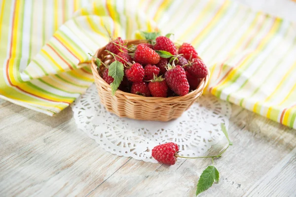 Raspberries Basket Wooden Table New Crop — Stock Photo, Image