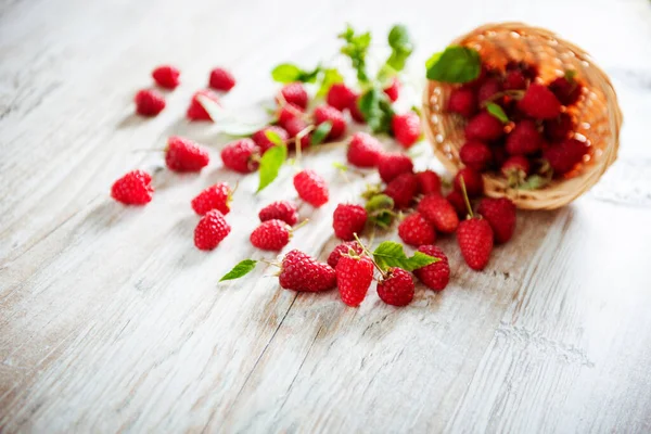 Raspberries Basket Wooden Table New Crop — Stock Photo, Image